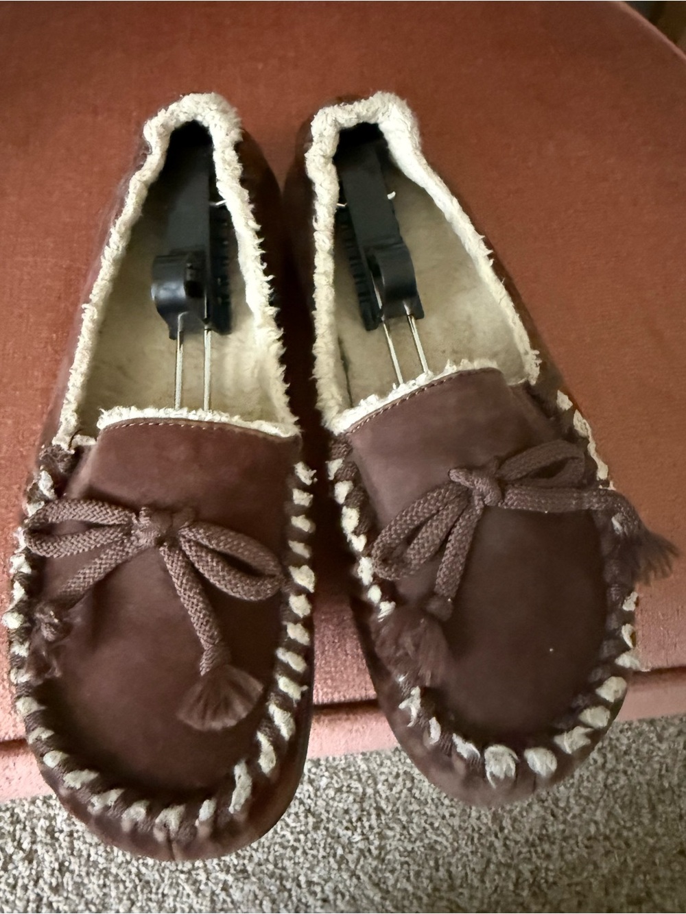 Earth Women's Brown Faux-Suede Moccasin Slippers with Cream Lining